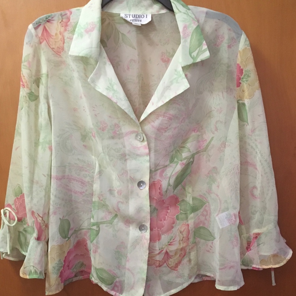 Studio 1 Women's Sheer Floral Blouse - Cream and Green